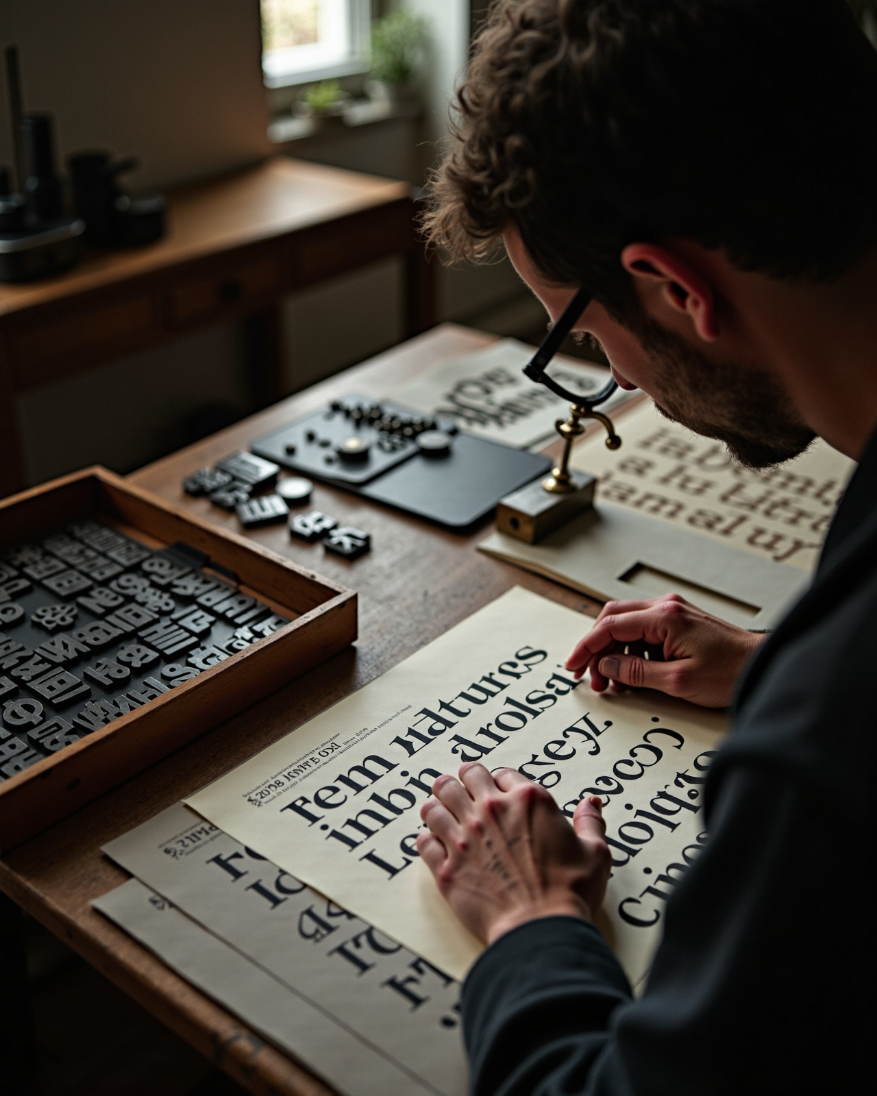 Type designer at a desk examining printed specimen sheets with a loupe