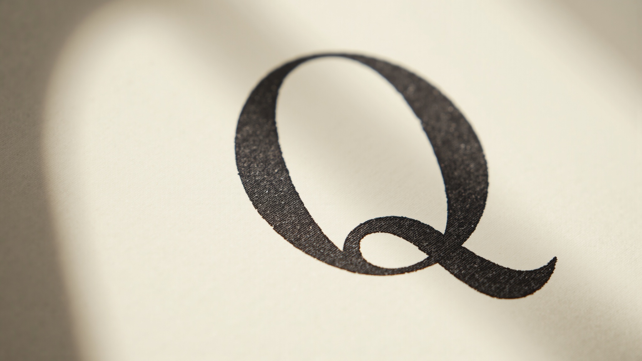 Letterpress specimen of an italic serif Q printed in black ink on cream paper