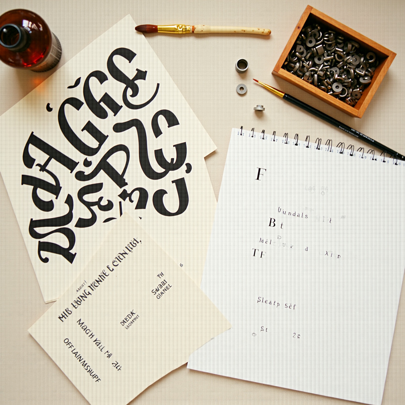 Overhead flat-lay of a type foundry desk with specimen sheets, metal sorts, and ink